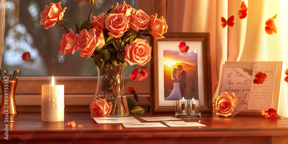 Sunset Desk: Romantic desk with a vase of roses, a candle, a set of love letters, and a framed photo of a couple in love. Sunset Desk: Romantic desk with a vase of roses, a candle, a set of love letters, and a framed photo of a couple in love.