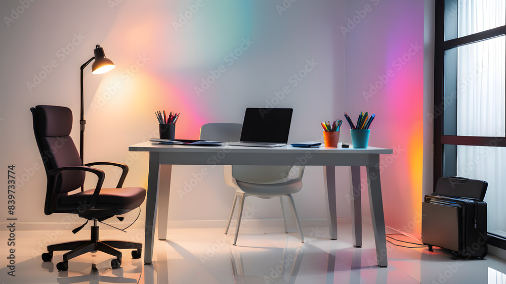 interior with chairs and table,a beautiful studio with having the multi color light reflection interior with chairs and table,a beautiful studio with having the multi color light reflection