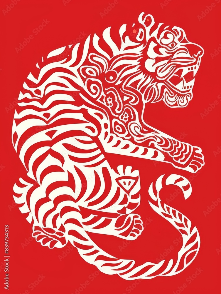 Classic chinese papercuts tiger on a red background in the style of cryptid academia, generated with AI Classic chinese papercuts tiger on a red background in the style of cryptid academia, generated with AI