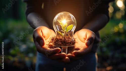 A person holding a bulb with roots growing out of it, symbolizing grounded ideas and foundational thinking   photo