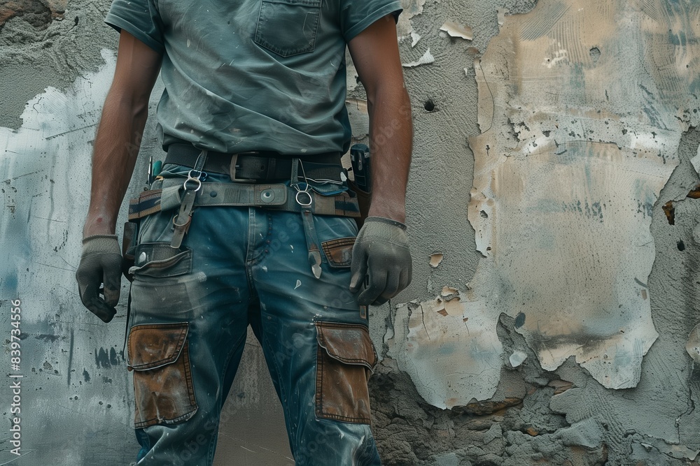 Skilled Maintenance Worker with Tool Kits Against Rough Wall: Displaying Craftsmanship and Labor Skilled Maintenance Worker with Tool Kits Against Rough Wall: Displaying Craftsmanship and Labor