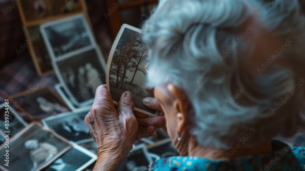 A bittersweet image of an elderly woman looking at photos of her ...