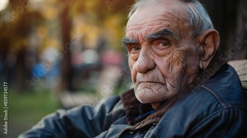 An elderly man sitting on a bench with a distant vacant expression on his face