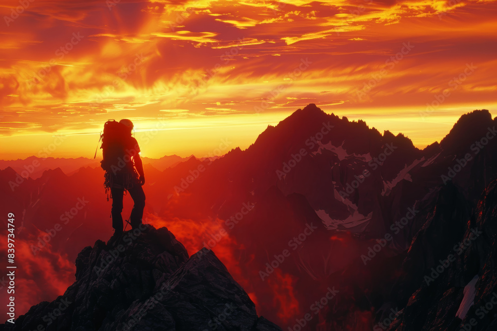 Fototapeta premium Silhouette of a Mountain Climber on a Peak During a Breathtaking Sunset