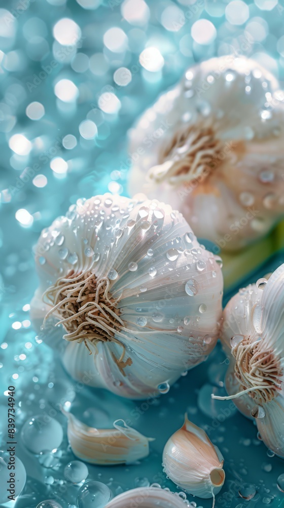 Garlic water droplets equally spaced on a light background isometric angle macro shot highly saturated colours advertising style high flash style, generated with AI Garlic water droplets equally spaced on a light background isometric angle macro shot highly saturated colours advertising style high flash style, generated with AI