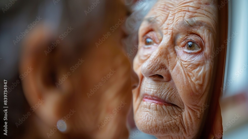 An elderly woman practicing letter enunciation with a speech the using a mirror An elderly woman practicing letter enunciation with a speech the using a mirror