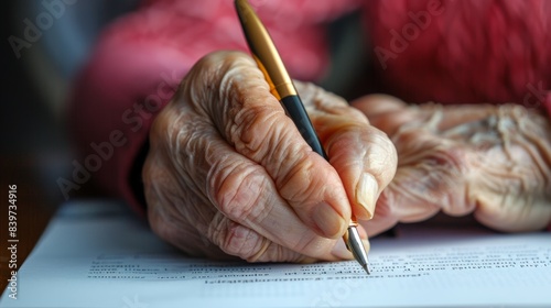 A wrinkled hand holding a pen and trying to sign a document symbolizing the difficulty of legal matters for the elderly photo