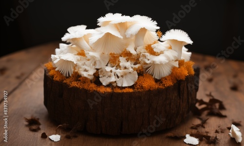 Miniature of cute mushrooms similar to honey agaric or russule on wooden surface. Banner, poster, background. Copy space. Rustic concept. Close-up.
