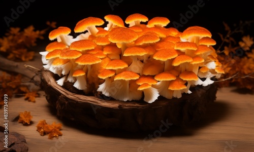 Miniature of cute mushrooms similar to honey agaric or russule on wooden surface. Banner, poster, background. Copy space. Rustic concept. Close-up.