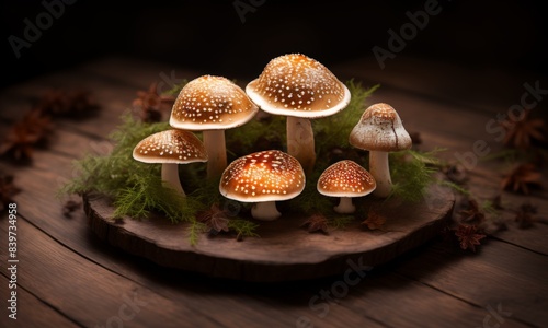 Miniature of mushrooms look like fly agaric mushrooms, on a wooden stump. Banner, poster, background. Copy space. Rustic concept. photo