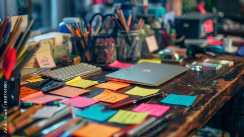 A cluttered desk with various vibrantly colored Postit notes stuck to it reminding the elderly person of daily routines and medication schedules