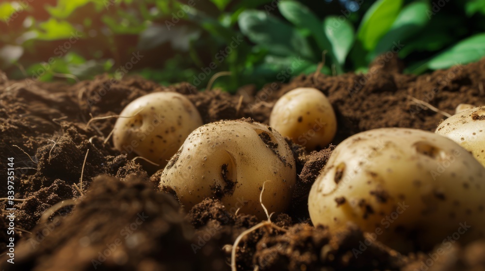 A closeup view of freshly dug earth with several potatoes emerging from it, generated with AI A closeup view of freshly dug earth with several potatoes emerging from it, generated with AI