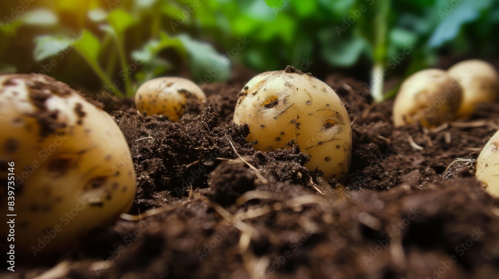 A closeup view of freshly dug earth with several potatoes emerging from it, generated with AI A closeup view of freshly dug earth with several potatoes emerging from it, generated with AI