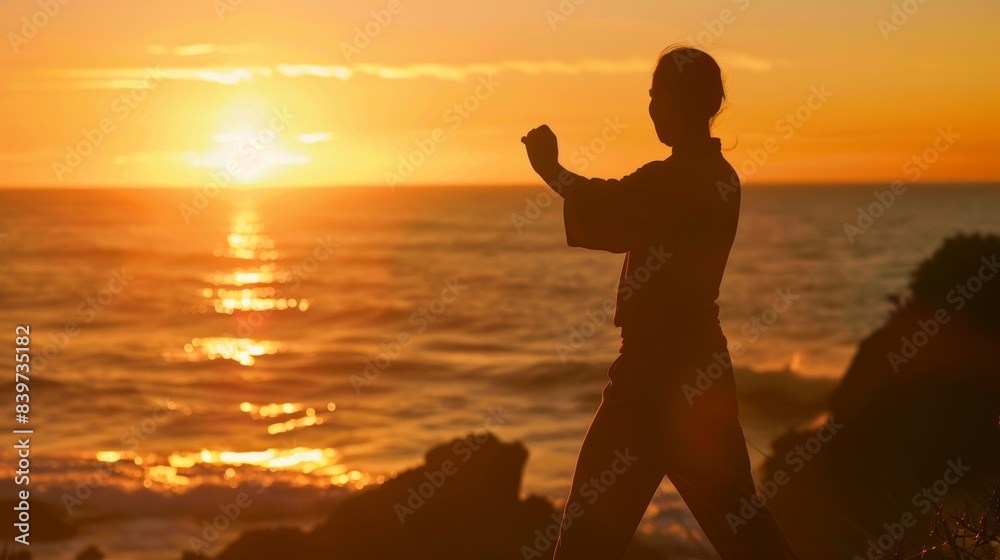 A serene silhouette of a person practicing tai chi by the ocean at sunset indicating the positive impact of mindbody activities on brain health