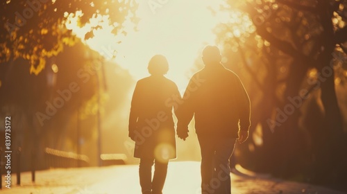 A hazy silhouette of an elderly couple holding hands walking towards the glowing sun symbolizing the strength and support of a loving relationship in later stages of life © Justlight