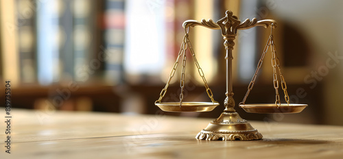 Scales of justice on a wooden table with a bookshelf in the background full of books.