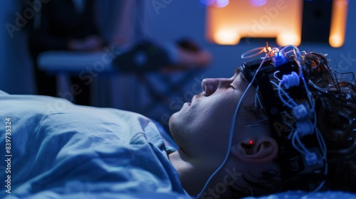 An EEG headset being worn by a participant in a sleep study with researchers monitoring brain activity in the background
