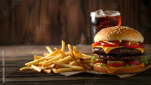 Delicious cheeseburger with fries and soda on rustic table. Perfect for ads and menus. Ideal for illustrating fast food or comfort food themes. AI photo