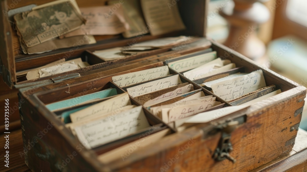 A closeup of a memory box filled with small notes and letters representing cherished friendships and loved ones A closeup of a memory box filled with small notes and letters representing cherished friendships and loved ones