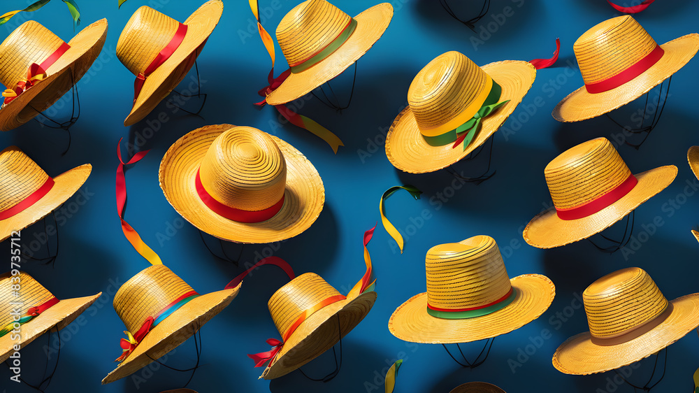 Traditional straw hat on multiple positions for decoration. Brazilian