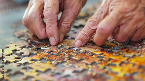 A person assembling a puzzle focusing on the intricate details and patterns
