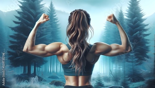 A fit woman with toned muscles showing her back, set against a serene, forested background. photo