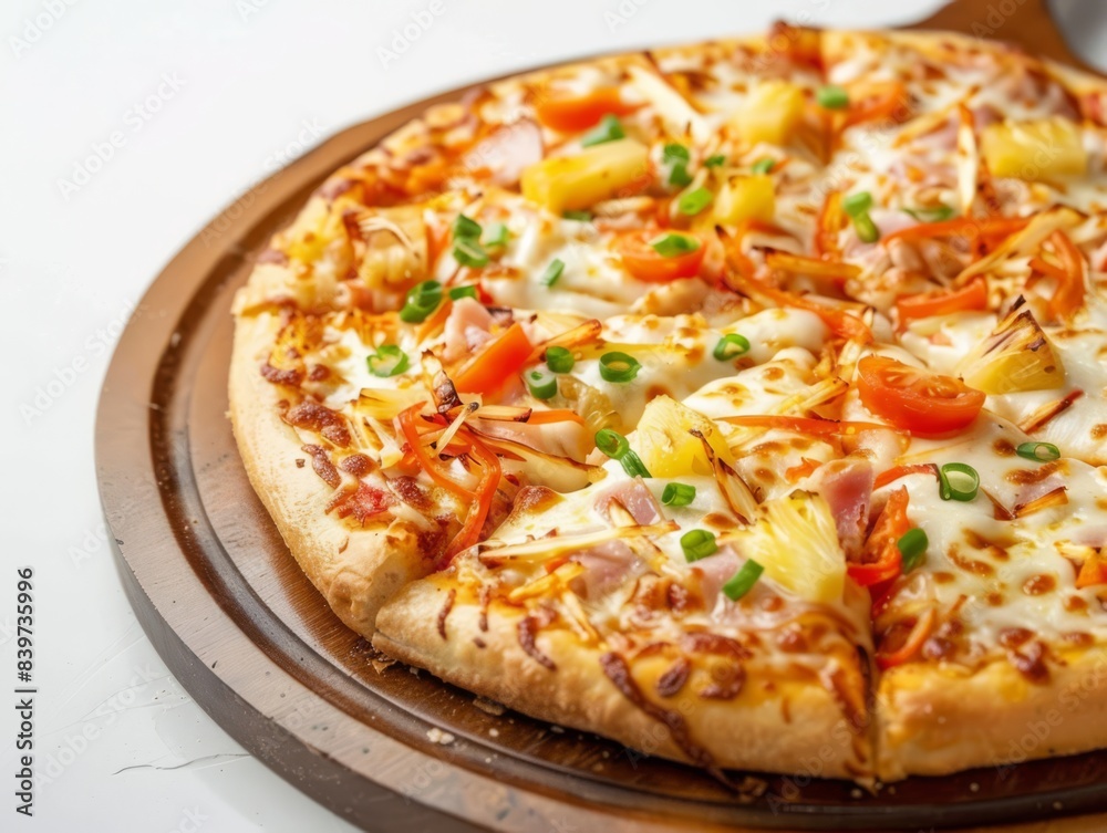 Low angle shot pizza with cheese grated on a coarse grater with ham cut into medium cube, generated with AI Low angle shot pizza with cheese grated on a coarse grater with ham cut into medium cube, generated with AI
