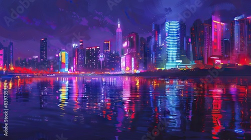 Futuristic city. Concept Art. Cityscape at night with bright neon lights. 3D illustration. AI generated illustration © Fatima