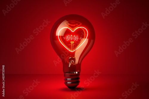 Light bulb with glowing heart shape inside on red background concept of love and romance valentines day celebration photorealistic high resolution, generated with AI