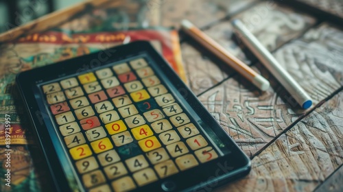 A shot of the tablet with a Sudoku game in progress with various numbers already filled in photo