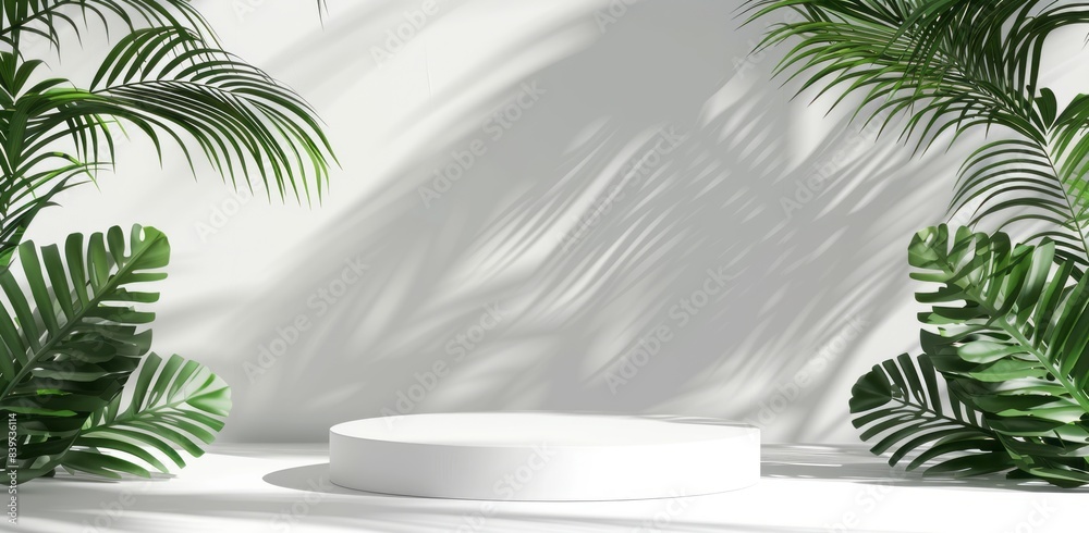 White podium with palm leaves on white background White podium with palm leaves on white background