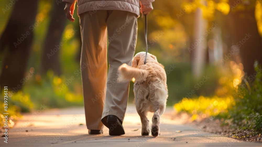 Obraz premium An elderly person and a therapy dog enjoying a leisurely walk through a park both benefiting from the fresh air and exercise