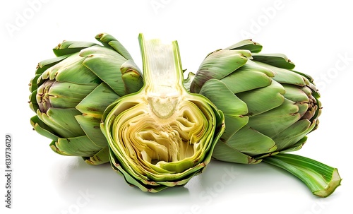 Fresh whole and halved artichokes on white background. Perfect for cooking, recipes, and healthy eating concepts. High-quality stock photo for culinary use. AI photo