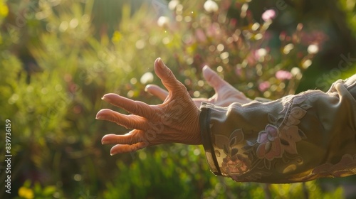 A person in their senior years practicing qigong in a serene garden with their hands outstretched towards the sky