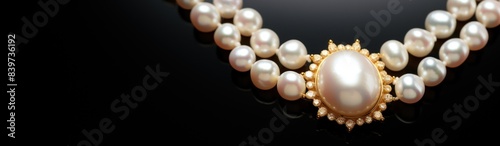 Pearl necklaces. Luxury Pearl necklaces. Necklaces on jewelry store display showcase. Pearl necklaces isolated on background with copy space.