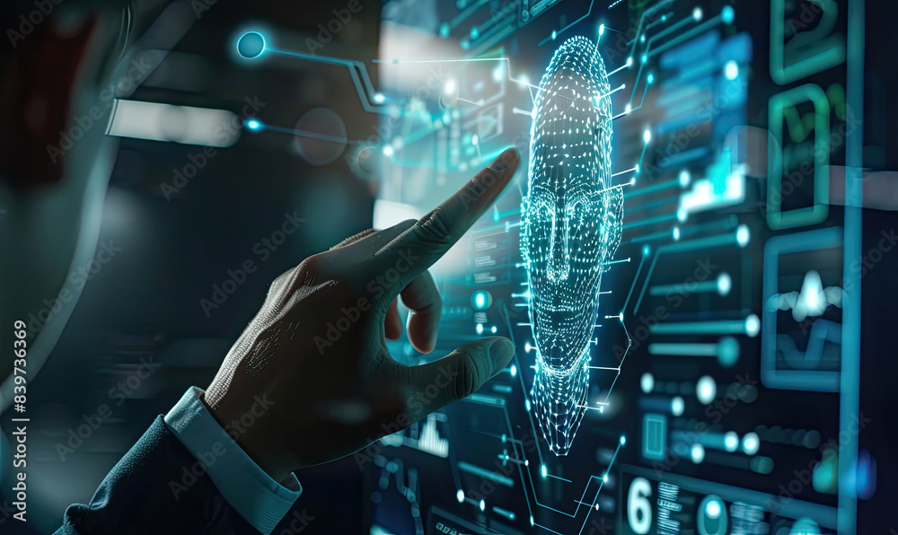 Fototapeta premium Close up image of a person interacting with an advanced security interface, featuring a digital fingerprint scan for secure access in a high tech environment with glowing blue graphics