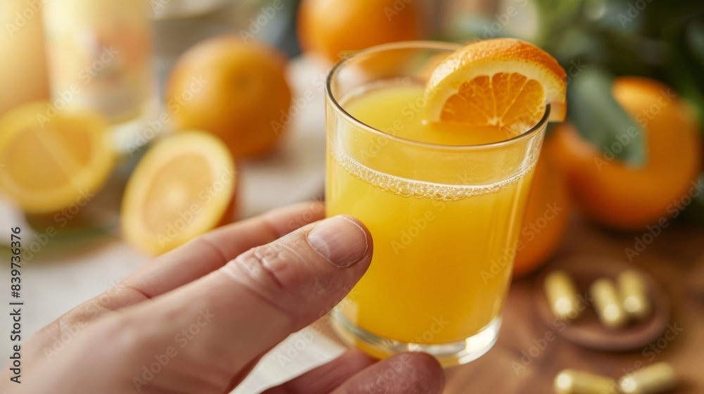 A hand holding a glass of orange juice with a brain health supplement capsule in the foreground