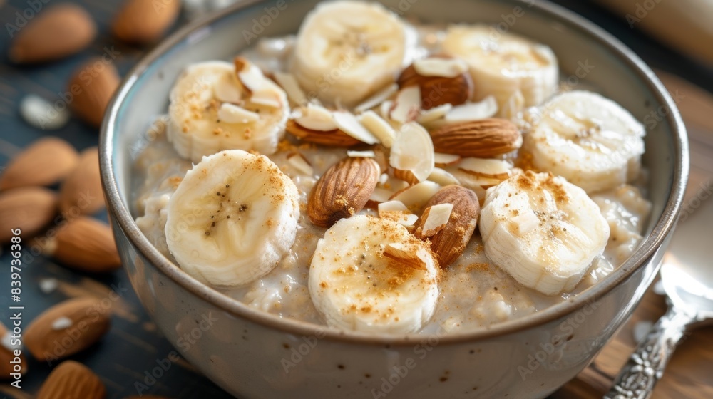 A bowl of oatmeal with sliced bananas and almonds all known for their brainboosting properties topped with a sprinkle of brain health supplement powder A bowl of oatmeal with sliced bananas and almonds all known for their brainboosting properties topped with a sprinkle of brain health supplement powder