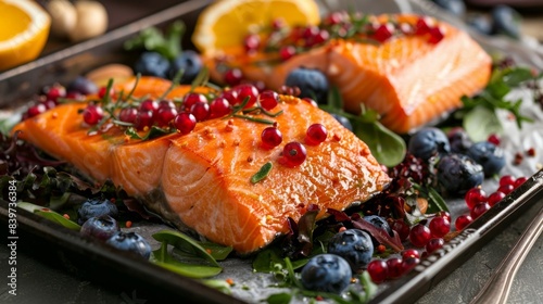 A tray of food with various brain health superfoods such as salmon blueberries and dark leafy greens
