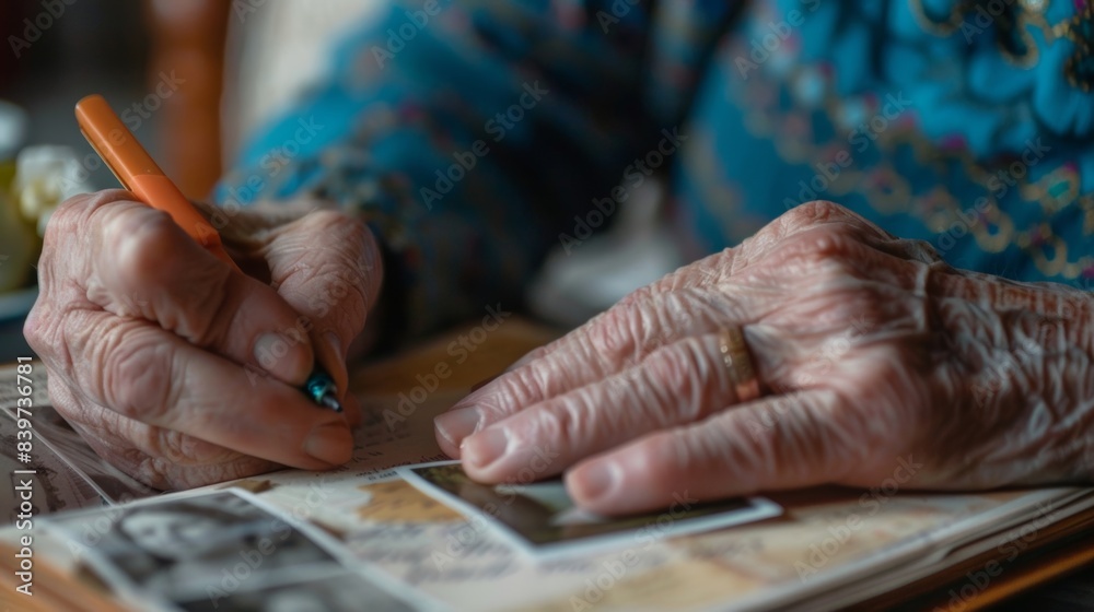 Obraz premium A resident working on a scrapbooking project carefully arranging photos and handwritten memories