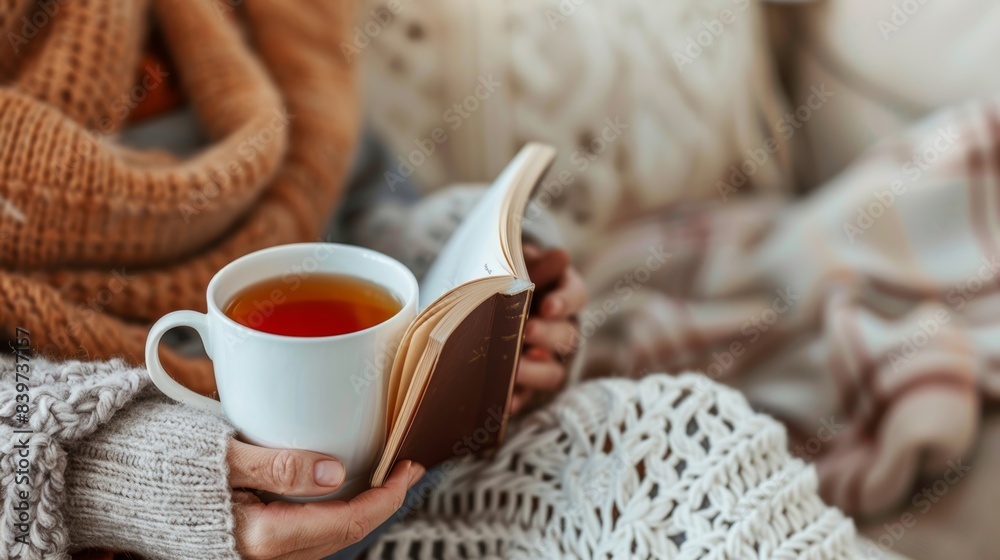 A cozy living room setting with a caregiver cuddled up with a book and a hot cup of tea taking a moment to themselves A cozy living room setting with a caregiver cuddled up with a book and a hot cup of tea taking a moment to themselves