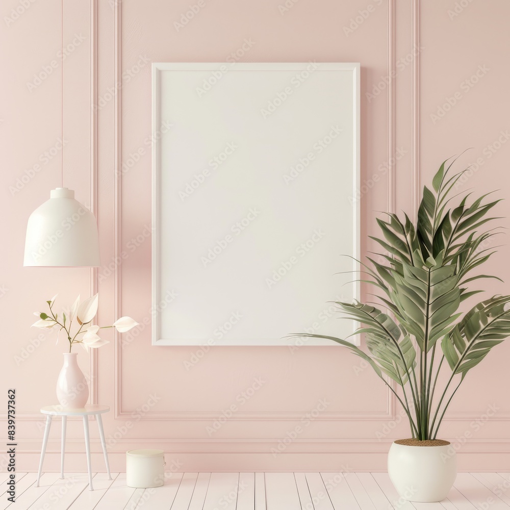 A large white blank poster frame is hanging on the wall of an empty room. A large white blank poster frame is hanging on the wall of an empty room.