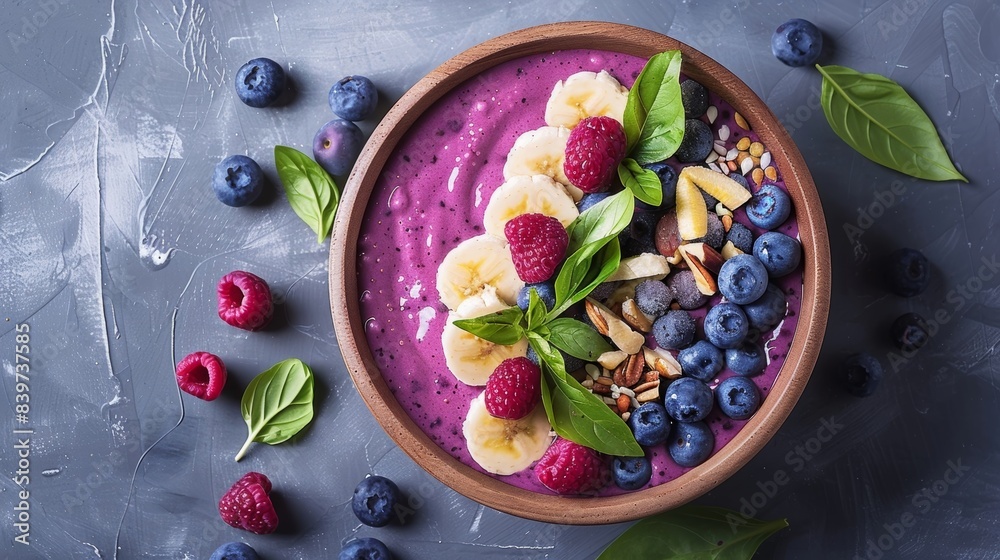 A colorful smoothie bowl with blueberries bananas and leafy greens highlighting the importance of incorporating antioxidants and nutrients into meals for optimal brain health A colorful smoothie bowl with blueberries bananas and leafy greens highlighting the importance of incorporating antioxidants and nutrients into meals for optimal brain health