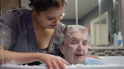 An elderly woman with Parkinsons disease receiving assistance from a home health aide to get in and out of the shower