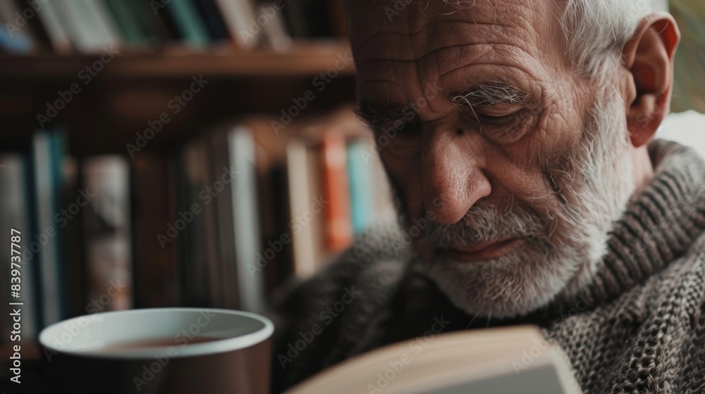 An older man engrossed in a novel with a cup of tea by his side and a peaceful expression on his face An older man engrossed in a novel with a cup of tea by his side and a peaceful expression on his face