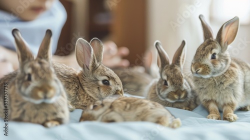 A patient lying on a therapy mat with therapy bunnies hopping around them