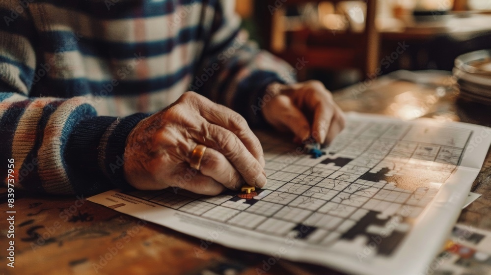 A poster with a photo of a person doing a crossword puzzle emphasizing the benefits of cognitive exercises for a healthy brain A poster with a photo of a person doing a crossword puzzle emphasizing the benefits of cognitive exercises for a healthy brain
