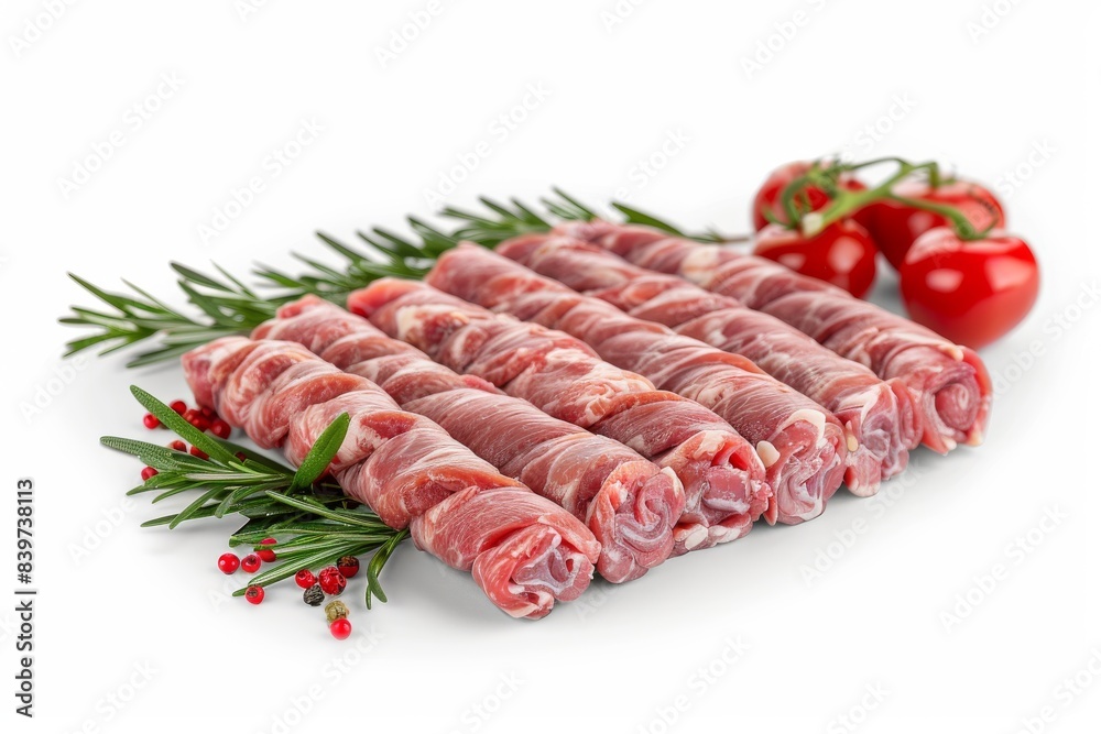 Fresh lamb sausages with rosemary on white background, gourmet meat, savory snack, high protein delicacy, artisanal culinary treat, flavorful traditional delight Fresh lamb sausages with rosemary on white background, gourmet meat, savory snack, high protein delicacy, artisanal culinary treat, flavorful traditional delight
