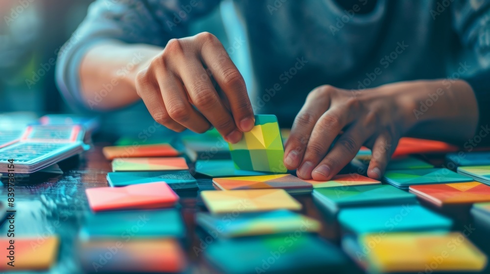 A person arranging memory cards in a specific pattern for a cognitive exercise A person arranging memory cards in a specific pattern for a cognitive exercise