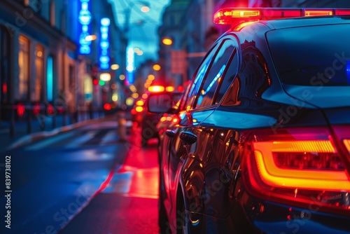 Police car with flashing blue and red sirens at city roadblock